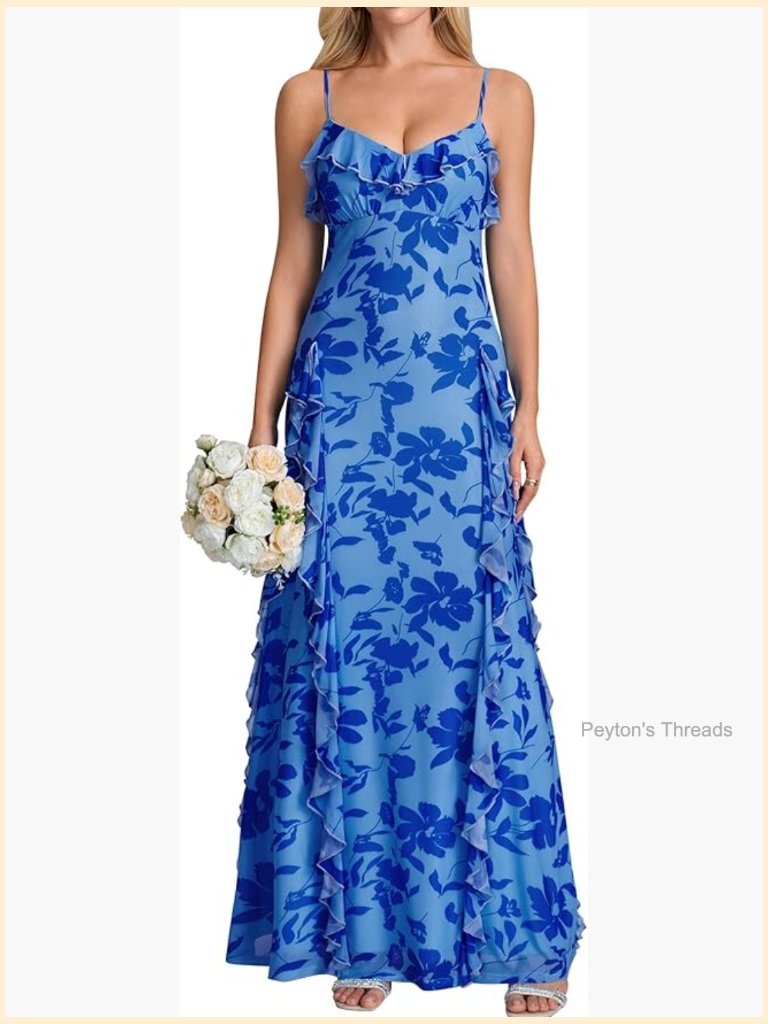 Ruffle Trim Spaghetti Strap Maxi Dress A-Line V-Neck Sleeveless Summer Wedding